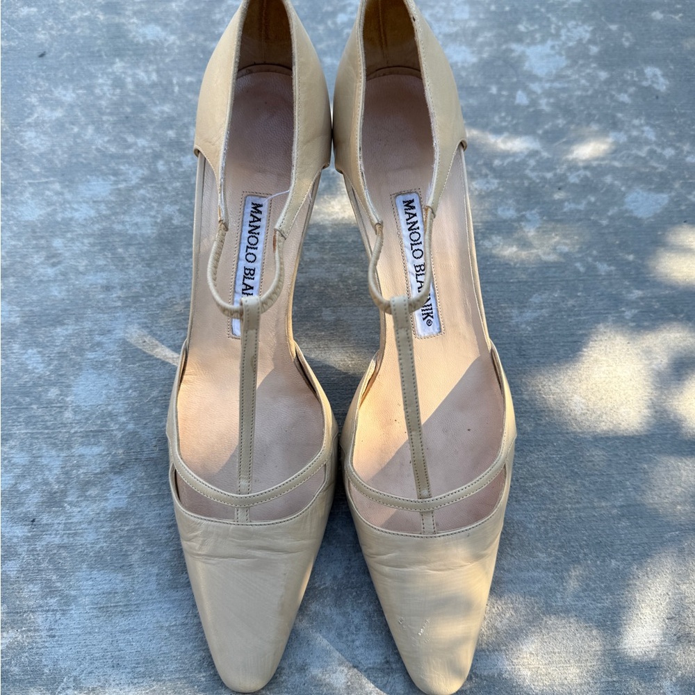 SOLD. Vintage Manolo Blahnik Beige Leather Strap Pointed Toe Heels 36.5